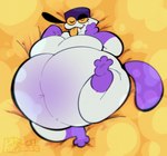 ambiguous_gender anthro belly big_belly clothing fangs feet hat headgear headwear huge_belly navel obese obese_anthro one_eye_closed overweight overweight_anthro purple_clothing purple_feet purple_hands purple_hat purple_headwear purple_tail seductive simple_background smile solo tail teeth tongue white_body wink yellow_background yellow_eyes yellow_tongue kafrizzzle kafreak unknown_species 2023 flat_colors hi_res watermark