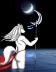 anthro butt clothed clothing detailed_background female hair holding_object holding_weapon melee_weapon moon outside polearm sea seascape sky solo star tail topless water weapon white_hair arturo_juarez gravewalker_(character) canid canine mammal