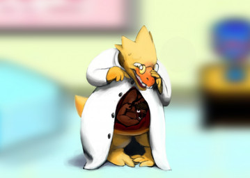 anthro anthro_pred blurred_background blush bodily_fluids brown_hair buckteeth claws clothed clothing coat duo eyewear female female_pred front_view fully_inside glasses hair human_prey internal lab_coat larger_pred leaning leaning_forward looking_at_belly looking_at_own_belly looking_at_self looking_down male male_prey nervous nude open_clothing open_coat open_topwear partially_clothed pigeon_toed scales screencap screencap_background size_difference standing sweat tail teeth thick_tail topwear vore yellow_body yellow_scales jareix undertale undertale_(series) alphys human lizard mammal reptile scalie