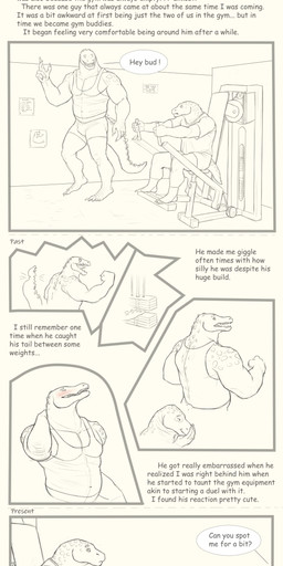 anthro bottomwear bulge clothed clothing dialogue duo exercise inside male male_anthro markings muscular muscular_anthro muscular_male shirt shorts sitting spots spotted_markings spotted_neck spotted_shoulders spotted_tail standing t-shirt tail tail_markings text topwear weightlifting workout aduran scalie 2023 absurd_res comic dated english_text hi_res multiple_scenes partially_colored signature sketch spot_color