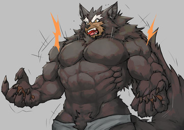 5_fingers abs anthro biceps big_muscles black_body black_claws black_fur black_inner_ear bodily_fluids bottomwear claws clothing emanata eyebrows finger_claws fingers front_view fur grey_background grey_bottomwear grey_clothing looking_at_self male monotone_body monotone_fur muscular muscular_anthro muscular_male nervous nervous_sweat obliques open_mouth pawpads pecs pose pupils red_tongue simple_background slit_pupils solo sweat sweaty_face tail thick_eyebrows tongue tongue_showing torn_bottomwear torn_clothing white_eyebrows white_sclera yellow_eyes captainjohkid canid mammal 2018 digital_drawing_(artwork) digital_media_(artwork) half-length_portrait portrait