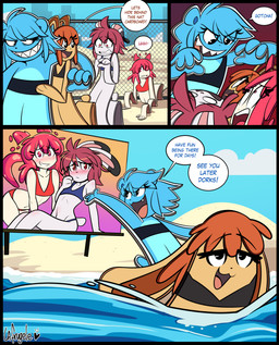 after_transformation anthro anthro_to_inanimate beach bikini blue_body blush breasts brown_body clothing cloud day detailed_background dialogue dipstick_ears ear_markings embarrassed female fence flattened group hair humanoid_to_inanimate inanimate_transformation multicolored_ears open_mouth outside red_hair sand sharp_teeth shocked sign smile swimwear tail teeth text transformation two-piece_swimsuit water la-frugele nattybear animal_humanoid bear cat_humanoid felid felid_humanoid feline feline_humanoid goo_creature goo_humanoid humanoid lagomorph leporid mammal mammal_humanoid rabbit 2025 absurd_res comic digital_media_(artwork) english_text hi_res