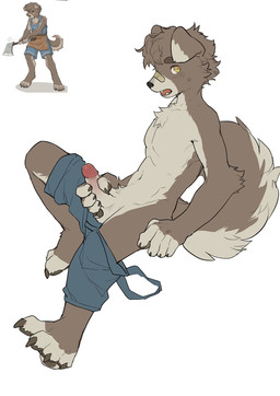 adolescent anthro axe balls band-aid band-aid_on_face band-aid_on_nose bandage bandage_on_face bandage_on_nose brown_body brown_fur claws clothed clothing countershade_fur countershade_tail countershade_torso countershading dipstick_ears ear_markings floppy_ears fur fur_tuft genitals glans holding_axe holding_object humanoid_genitalia humanoid_penis kemono male masturbation melee_weapon multicolored_ears open_mouth overalls pawpads penile penile_masturbation penis simple_background solo tail tuft weapon white_background young young_anthro young_male milkybot canid canine canis domestic_dog mammal 2022 character_request hi_res reference_image