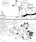 anthro clothing dominant erection fur genitals group male penis police profanity simple_background speech_bubble submissive text uniform white_background bernielover disney zootopia officer_wolfard beaver canid canine canis common_hippopotamus hippopotamid lagomorph mammal rodent wolf comic english_text hi_res monochrome