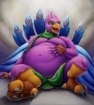 anthro avian_feet beak biped blue_body clothing feathered_crest feathered_wings feathers green_eyes head_crest male overweight pink_body scarf solo tail tail_feathers winged_arms wings noblewolfa gyro_feather avian bird galliform peafowl phasianid absurd_res hi_res