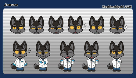 4_fingers :3 abstract_background angry anthro big_ears big_eyes big_head black_body black_clothing black_footwear black_fur black_shoes blue_bottomwear blue_clothing blue_gloves blue_handwear blue_pants blue_shirt blue_topwear bodily_fluids bottomwear cheek_tuft chibi clothing coat crossed_arms curious dipstick_tail disembodied_head doctor emote emotion_chart eyebrows facial_tuft fingers fluffy fluffy_tail footwear frown frowning_at_viewer fur gloves grey_body grey_fur hands_behind_back handwear happy head_tuft id_card inner_ear_fluff kemono lab_coat looking_at_viewer male markings medical_gloves multicolored_body multicolored_fur open_mouth pants pattern_background pockets pupils raised_arm raised_arms sad shirt simple_background slit_pupils smile smiling_at_viewer smirk smirking_at_viewer smug snaggle_tooth solo standing striped_background surprised sweat tail tail_markings tail_tuft text tongue tongue_out topwear transparent_background tuft upset white_clothing white_topwear yellow_eyes hachimakiyaki janusz canid canine canis hybrid mammal wolf wolfdog 2025 alpha_channel character_name digital_drawing_(artwork) digital_media_(artwork) hi_res model_sheet shaded simple_shading watermark