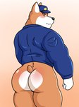 anthro blush body_blush bottomless butt butt_blush clothed clothing gradient_background male muscular muscular_anthro muscular_male orange_background police police_officer police_uniform simple_background solo uniform kai_lionbear animal_crossing nintendo copper_(animal_crossing) canid canine canis domestic_dog mammal 2021