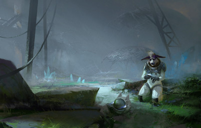amazing_background anthro archaeologist armor crystal detailed_background female grass headgear helmet kneeling landscape plant ruins sad scenery science_fiction solo spacesuit working sasha_shkip alien krii mammal 2025 detailed digital_media_(artwork) hi_res