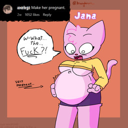 anthro belly big_belly breasts clothing female fur looking_down pink_body pink_fur pregnant pregnant_anthro pregnant_female simple_background solo surprised tail text tuft yellow_clothing mandercry epic_and_jana jana_(epic_and_jana) domestic_cat felid feline felis mammal digital_media_(artwork) english_text signature