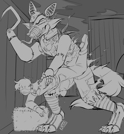 abstract_background anthro barn duo fangs fire hay machine male male/male questionable_consent simple_background size_difference teeth teeth_showing tongue tongue_out albinogaetor five_nights_at_freddy's scottgames foxy_(fnaf) grim_foxy_(fnaf) animatronic canid canine fox human mammal robot absurd_res hi_res monochrome