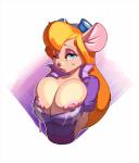 2018 anthro areola big_breasts blonde_hair blue_eyes bodily_fluids breasts chip_'n_dale_rescue_rangers digital_media_(artwork) disney exposed_breasts eyelashes eyeshadow eyewear female gadget_hackwrench glistening_eyelids goggles hair hi_res lactating long_hair looking_at_viewer makeup mammal milk mouse murid murine nipples one_eye_closed open_mouth rodent simple_background smile solo white-devil white_background