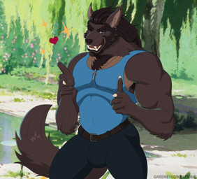 anthro armpit_hair barazoku belt blue_clothing blue_eyes blue_shirt blue_tank_top blue_topwear body_hair bottomwear brown_body brown_eyebrows brown_hair bulge chest_tuft clothed clothing day ear_piercing ear_ring eyebrows fangs finger_gun flower gesture hair hand_gesture heart_symbol jewelry lily_pad looking_at_viewer male multicolored_body muscular muscular_anthro muscular_male necklace open_mouth outside pants pecs piercing plant pointing pointing_at_viewer ring_piercing shirt smile solo standing tan_body tank_top teeth tongue topwear tree tuft two_tone_body water willow_tree greeneyedwolfking mythology sebastian_roivas canid canine canis mammal mythological_canine mythological_creature werecanid werecanine werecreature werewolf wolf