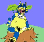 after_vore anthro belly big_belly blue_hair burping duo female female_pred fur hair overweight simple_background sitting vore yellow_body yellow_fur cchilab dic_(artist) animal_crossing nintendo ankha_(animal_crossing) domestic_cat felid feline felis mammal 2015