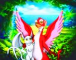 anthro detailed_background duo forest love male plant tree amegared huntik pirates_of_dark_water cherit niddler avian bird haplorhine hybrid mammal monkey primate