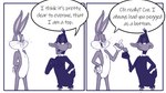 anatid anseriform anthro avian bird bugs_bunny comic daffy_duck dialogue duck duo eating eating_food english_text hi_res kcnite lagomorph leporid looney_tunes male male/male mammal narrowed_eyes proud rabbit smile speech_bubble talking_to_another text two_panel_image warner_brothers