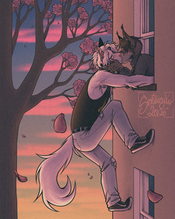 anthro belt bottomwear building cherry_blossom climbing_through_window climbing_wall clothing cloud denim denim_bottomwear denim_clothing detailed_background duo evening flower fluffy fluffy_arms fluffy_body fluffy_tail footwear jeans kiss_on_lips kissing male male/male pants petals pink_nose plant prunus_(flower) shirt shoes sky sneakers sweater t-shirt tail topwear torn_bottomwear torn_clothing torn_jeans torn_pants tree white_body window sm0keyxxx jonny_(sm0keyxxx) lars_(sm0keyxxx) caracal caracal_(genus) domestic_cat felid feline felis mammal 2026 digital_drawing_(artwork) digital_media_(artwork) hi_res signature watermark