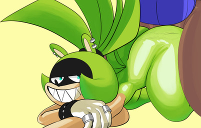 accessory anthro ass_up black_bracelet black_hairband black_nose blue_clothing blue_hoodie blue_topwear bottomless bracelet breasts brown_body brown_fur clothed clothing duo ear_piercing ear_ring female female_penetrated from_behind_position fur gloves green_body green_ears green_eyes green_fur green_hair green_tail hair hair_accessory hairband half-closed_eyes handwear hoodie jewelry leapfrog_position looking_pleasured male male/female male_penetrating male_penetrating_female multicolored_body multicolored_fur narrowed_eyes nude partially_clothed penetration piercing ring ring_(jewelry) ring_piercing sex sharp_teeth simple_background smile smirk tail tan_body tan_fur teeth topwear two_tone_body two_tone_fur white_clothing white_gloves white_handwear yellow_background mrloquendo idw_publishing sega sonic_the_hedgehog_(comics) sonic_the_hedgehog_(idw) sonic_the_hedgehog_(series) surge_the_tenrec afrosoricid canid canine canis mammal tenrec wolf 2023 absurd_res digital_media_(artwork) hi_res