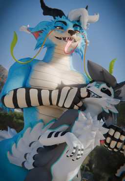 anthro arm_grab barbel_(anatomy) blue_body blue_eyes blue_fur duo feathers fur grabbing_face grey_hair hair horn long_ears male male/male sharp_teeth size_difference smile teeth tongue tongue_out white_hair impliqued mythology kyousukeshii avali dragon eastern_dragon furred_dragon furred_scalie mythological_creature mythological_scalie scalie 3d_(artwork) absurd_res digital_media_(artwork) hi_res