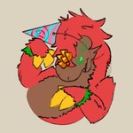 ambiguous_gender annoyed anthro birthday brown_body claws clothing fluffy fur green_body green_eyes green_fur hat headgear headwear horn orange_horn party_hat red_body red_fur simple_background solo yellow_claws mao06 european_mythology greek_mythology mythology yharon_(calamity_mod) avian dragon mythological_avian mythological_bird mythological_creature mythological_firebird mythological_scalie phoenix scalie 1:1 colored low_res signature