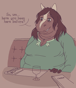 anthro awkward biped blaze_(marking) breasts brown_body brown_hair brown_skin cleavage clothed clothing container cup cutlery date dialogue double_chin drinking_glass facial_markings female fingerless_(marking) fork front_view glass glass_container glass_cup green_clothing green_topwear grey_eyes grin hair head_markings jewelry kitchen_utensils markings necklace nervous obese obese_anthro obese_female overweight overweight_anthro overweight_female restaurant shirt sitting smile snout solo text three-quarter_view tools topwear wine_glass moult_(artist) beryl_(moult) equid equine horse mammal digital_media_(artwork) english_text half-length_portrait portrait