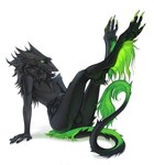 4_toes anthro arm_support balls black_body black_fur claws feet feet_up fingernails fur genitals glowing glowing_eyes green_body green_eyes green_fur green_tail_tuft legs_up long_tail looking_at_viewer male nails nude nude_anthro nude_male sharp_fingernails sharp_nails simple_background slim slim_anthro slim_male smile smiling_at_viewer solo tail tail_tuft toes tuft white_background raesheris pentazer sergal umbral_sergal digital_media_(artwork) full-length_portrait hi_res portrait