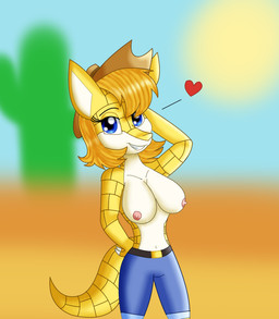 anthro big_breasts blonde_hair blue_eyes breasts cactus clothed clothing cowboy_hat desert female flirting hair hat headgear headwear looking_at_viewer navel nipples outside plant pokemorph sammi_the_sandshrew seductive smile solo sun teeth topless kendratheshinyeevee nintendo pokemon fan_character generation_1_pokemon mammal pokemon_(species) sandshrew 2019 digital_media_(artwork)