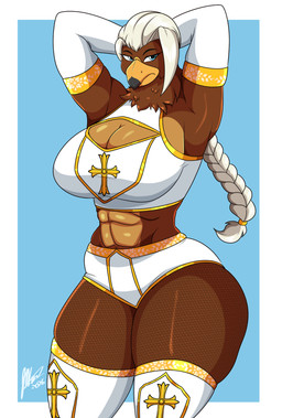 abs anthro armwear beak big_breasts blue_eyes braided_hair breasts cleavage cleavage_cutout clothed clothing cutout elbow_gloves female gloves hair handwear leggings legwear midriff muscular muscular_anthro muscular_female navel non-mammal_breasts non-mammal_navel solo thick_thighs white_hair wide_hips jwinkz accipitrid accipitriform avian bird eagle 2026 hi_res
