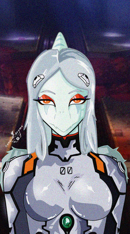 abstract_background amber_eyes anthro bone_frill breasts cosplay crossover_cosplay eyelashes eyeliner feathered_wings feathers female frill_(anatomy) front_view grey_body grey_hair grey_scales hair long_hair looking_at_viewer makeup plugsuit scales solo text wings vvurm_drama cavemanon_studios goodbye_volcano_high ko_op_(game_developer) neon_genesis_evangelion snoot_game fang_(gvh) rei_ayanami prehistoric_species pterosaur reptile scalie 2025 artist_name crossover digital_drawing_(artwork) digital_media_(artwork) hi_res watermark