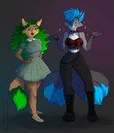 5_fingers anthro blue_eyes blue_hair blue_nose boots breasts clothed clothing duo female fingers footwear fully_clothed green_eyes green_hair hair shoes smile summer_dress wide_hips akira_volfsar canid canine fox mammal 2020 digital_media_(artwork) hi_res