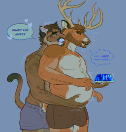 anthro beard bedroom_eyes belly belly_expansion belly_grab blep bloated brown_beard brown_body brown_facial_hair brown_fur brown_hair clothed clothing dessert dialogue duo erection erection_under_clothing expansion facial_hair food fur gelatin hair hand_on_belly heart_symbol holding_stomach jello_(food) lidded_eyes male male/male motion_lines musclegut muscular muscular_anthro muscular_male narrowed_eyes onomatopoeia open_mouth orange_eyes pink_tongue rumbling_stomach seductive sound_effects speech_bubble stuffing tail tail_motion tailwag tenting text tongue tongue_out topless topless_male underwear underwear_only biggernbadder ben_(biggernbadder) tom_(biggernbadder) bobcat cougar deer felid feline lynx mammal english_text hi_res