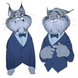 4_fingers anthro bodily_fluids bow_tie business_suit clenched_teeth clothing fingers looking_away male nervous solo standing suit sweat teeth hjdoak disney zootopia pawbert_lynxley canada_lynx felid feline lynx mammal 1:1 half-length_portrait portrait