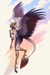 4_toes 5_fingers anisodactyl anthro arm_tuft barbel_(anatomy) black_beak_tip breasts brown_body brown_feathers cloud digitigrade elbow_tuft feather_hair feathers feet female fingers horn inner_ear_fluff knee_tuft leg_tuft looking_at_viewer navel non-mammal_breasts non-mammal_navel nude orange_eyes orange_scutes pseudo_hair scuted_arms scuted_face scuted_legs scuted_tail scutes simple_background solo tail tail_tuft toes tuft white_body white_feathers wings marie_merkh mythology eva_(ozawk) accipitrid accipitriform avian bird dragon eastern_dragon egyptian_vulture hybrid mythological_creature mythological_scalie old_world_vulture scalie vulture absurd_res artist_name hi_res