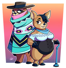 bandanna_scarf cane clothing corset cowboy_hat disability female hair hair_over_eye hat headgear headwear lingerie male male/female mobility-aid overweight overweight_female serape teeth tooth_gap topwear boyhowdy fan_character deer mammal pilosan sloth xenarthran hi_res
