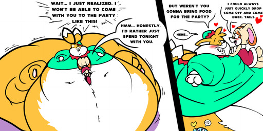 2_tails anthro belly blush brown_ear_tips christmas_clothing christmas_headwear clothed clothed_anthro clothed_female clothing dialogue dipstick_ears dipstick_tail ear_markings female floating_heart footwear fully_clothed fully_clothed_anthro fully_clothed_female fur giggle gloves group handwear headgear headwear holidays immobile immobilization male male/female markings morbidly_obese morbidly_obese_anthro morbidly_obese_male multi_tail multicolored_ears nude_anthro nude_male obese obese_anthro obese_male overweight overweight_anthro overweight_male pink_inner_ear shoes speech_bubble tail tail_markings tan_body tan_fur text trio white_belly white_clothing white_gloves white_handwear white_inner_ear white_mouth white_tail_tip yellow_body yellow_fur young floofyboyetime christmas sega sonic_the_hedgehog_(series) cheese_the_chao cream_the_rabbit miles_prower canid canine chao_(sonic) fox lagomorph leporid mammal rabbit 2022 comic english_text hi_res