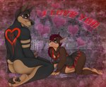 anthro breasts duo female genitals heart_symbol male male/female nipples penis text thehuntingwolf carbon paizli canid canine canis dobermann domestic_dog mammal pinscher absurd_res digital_media_(artwork) english_text full-length_portrait hi_res portrait