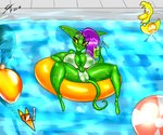 clothing female green_body green_skin hair not_furry pool_toy purple_hair solo spread_legs spreading translucent translucent_clothing yellow_eyes saliant peewee goblin humanoid absurd_res hi_res