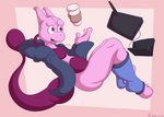 anthro bottomless casual_clothing clothed clothing footwear levitation male socks solo mazilion nintendo pokemon pat_(lapatte) generation_1_pokemon legendary_pokemon mewtwo pokemon_(species) digital_media_(artwork)