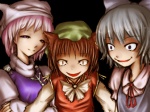 brown_eyes creepy crossed_arms ear_piercing female group jewelry looking_at_viewer male piercing purple_eyes stare young verynezumi asian_mythology east_asian_mythology japanese_mythology mythology touhou chen_(touhou) cirno letty_whiterock animal_humanoid cat_humanoid fairy felid felid_humanoid feline feline_humanoid felis humanoid mammal mammal_humanoid shikigami yokai 4:3