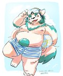 anthro belly bottomwear bulge clothing eyewear eyewear_on_head fur goggles goggles_on_head male moobs navel nipples overweight shorts solo swimwear white_body white_fur young yukino_kouta asian_mythology east_asian_mythology japanese_mythology lifewonders mythology tokyo_afterschool_summoners agyo_(tas) foo_dog komainu mammal yokai