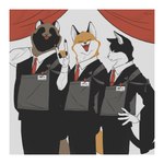 anthro border graduation group kemono looking_at_viewer male standing trio white_border shikayoshi canid canine canis domestic_cat domestic_dog felid feline felis mammal 1:1 2024 absurd_res hi_res