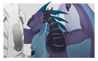 anthro balls black_body blue_body circumcised circumcision_scar duo facial_spikes genital_scar genitals hands_on_hips horn humanoid_genitalia humanoid_penis looking_at_genitalia looking_at_penis male male/male male_anthro muscular muscular_anthro muscular_male nipples nude nude_anthro nude_male open_mouth penis purple_body scar simple_background spikes spikes_(anatomy) standing tongue vein veiny_penis wings homogenousrule mythology lothar_(the_thornbird) thesiggy dragon felid mammal mythological_creature mythological_scalie pantherine scalie tiger 2023 hi_res