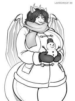 anthro big_breasts breasts female horn huge_breasts scarf snowman solo thick_thighs wings winter lavochnica mythology dragon mythological_creature mythological_scalie scalie 3:4 absurd_res hi_res monochrome