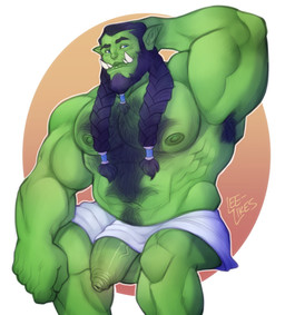 armpit_hair balls beard big_muscles big_penis blue_eyes body_hair braided_hair chest_hair clothed clothing facial_hair flaccid foreskin genitals green_body hair happy_trail humanoid_genitalia humanoid_penis humanoid_pointy_ears long_beard long_hair male muscular nipples pecs penis pointy_ears smile solo topless tusks vein veiny_penis leelikessmut blizzard_entertainment warcraft thrall_(warcraft) humanoid orc hi_res