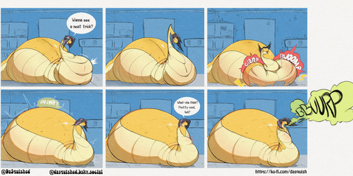 apode belly big_belly black_hair burping feederism female feral hair huge_belly inside legless overweight serpentine solo speech_bubble text yellow_body dasquished_(artist) ziti_(dasquished) draconcopode naga reptile scalie snake 2025 comic english_text hi_res url