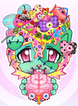 accessory alternative_fashion ambiguous_gender anthro blonde_hair blood bodily_fluids bow_ribbon brain buckteeth candy cannibalism cherry decora_(fashion) dessert eyeball food fruit gore green_body gurokawa hair hair_accessory hair_bow hair_ribbon hairclip ice_cream j-fashion kemono lollipop open_mouth organs pink_eyes pink_hair pink_nose plant ribbons scar smile solo surgical_suture teeth vein alunka mammal patchwork_creature undead zombie hi_res