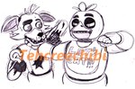 5_fingers angry anthro beak bib bib_only black_eyebrows black_nose bodily_fluids cheek_tuft clothing duo ears_down eye_contact eyebrows facial_tuft fangs female female_anthro fingers fist grey_beak holding_throat hook hook_hand looking_at_another machine male male_anthro motion_lines nervous nervous_sweat pivoted_ears scared simple_background sweat sweatdrop teeth text text_on_bib text_on_clothing toothed_beak tuft whisker_spots white_background tehcreechibi five_nights_at_freddy's scottgames chica_(fnaf) classic_chica_(fnaf) foxy_(fnaf) animatronic avian bird canid canine chicken fox galliform gallus_(genus) mammal phasianid robot 2015 distracting_watermark english_description english_text greyscale monochrome pen_(artwork) traditional_media_(artwork) watermark