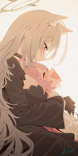 ahoge animal_ears big_breasts black_choker black_clothing black_dress black_gloves black_handwear black_jewelry black_necklace blue_eyes blush bodily_fluids breasts choker cleavage clothed clothing cute_fangs dress fangs female fluffy_ears gloves grey_hair hair hair_between_eyes halo hand_on_another's_chest handwear happy jewelry long_hair looking_at_another lying_on_another lying_on_breasts multi_ear necklace open_mouth pink_hair shirt side_view smile teardrop tears teeth topwear white_clothing white_shirt white_topwear young young_female blew_(artist) blue_archive nexon hoshino_(blue_archive) shiroko_(terror)_(blue_archive) animal_humanoid canid canid_humanoid canine canine_humanoid human humanoid mammal mammal_humanoid wolf_humanoid hi_res