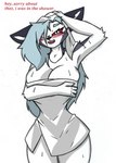 anthro big_breasts black_nose blue_hair blush breasts cleavage clothed clothing drying drying_fur drying_hair fangs female fur grey_body grey_ears grey_fur hair hair_over_eye hand_on_head one_eye_obstructed open_mouth pupils red_blush red_sclera red_tongue showered simple_background slim slit_pupils solo standing teeth thick_thighs tongue towel towel_only white_background white_body white_fur white_inner_ear white_towel wide_hips pace-maker helluva_boss mythology loona_(helluva_boss) canid canid_demon canine demon hellhound mammal mythological_canine mythological_creature