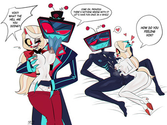 balls big_breasts blonde_hair blue_body blush bodily_fluids breast_grab breasts butt clothed clothing cum dewclaw_hooves duo electronics erection female for_a_head genital_fluids genitals hair hand_on_breast handjob hat headgear headwear hooves infidelity male male/female nipple_fetish nipple_play nipple_suck nude open_mouth open_smile partially_clothed penile penis red_eyes saliva screen screen_face sex smile standing sucking sweat television text thick_thighs tongue tongue_out white_body nyochandesuyo hazbin_hotel hellaverse charlie_morningstar vox_(hazbin_hotel) demon demon_humanoid humanoid object_head screen_head tv_head 4:3 english_text hi_res
