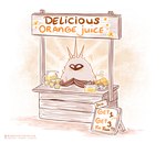 ambiguous_gender container cup food fruit fur glass glass_container glass_cup juice_(beverage) lemonade_stand orange_(fruit) orange_text plant sign solo text wings wishingstarinajar hollow_knight team_cherry radiance_(hollow_knight) arthropod insect lepidopteran moth 2019 artist_name digital_media_(artwork) english_text female_(lore)